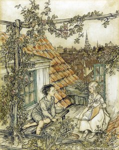 La Reine des neiges - Kay और Gerda अपने बगीचे में ऊपर छत पर। द स्नो क्वीन पर रैकहम की कहानी के लिए चित्रण, आर्थर (1867-1939) द्वारा आर्थर रैकहम