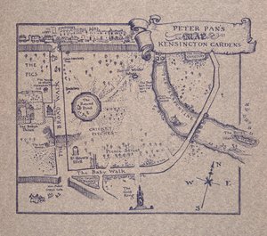 जेन्स बैरी (1860 - 1937), पब द्वारा केंसिंग्टन गार्डन में पीटर पैन से केंसिंग्टन गार्डन का पीटर पैन मैप। 1906 द्वारा आर्थर रैकहम