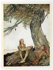 द ट्रैवलर्स एंड द प्लेन ट्री, Heinemann, 1912 द्वारा प्रकाशित &39;ईसप की दंतकथाएँ&39; से दृष्टांत द्वारा आर्थर रैकहम