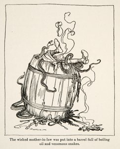 लिटिल ब्रदर एंड लिटिल सिस्टर एंड अदर टेल्स बाय द ब्रदर्स ग्रिम, पब.1917 (लिथो) से दुष्ट सास को उबलते तेल और जहरीले सांपों से भरे बैरल में डाल दिया गया था। द्वारा आर्थर रैकहम