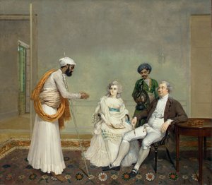 कलकत्ता के एक इंटीरियर में जज सुएटोनियस ग्रांट हीट एंड टेम्परेंस हीट के पोर्ट्रेट अपने भारतीय नौकरों के साथ c.1786