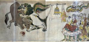 विधर्मियों पर सारिपुत्र की विजय। बुद्धिमान सारिपुत्र एक कौतुक के माध्यम से एक शेर को दिखाकर बौद्ध धर्म की श्रेष्ठता साबित करता है: फॉन एक बैल को खा जाता है जिसे एक विधर्मी जादूगर ने प्रकाश में लाया है।