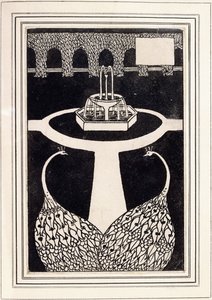 अध्याय के शीर्ष पर एक फव्वारे के साथ एक बगीचे में दो मोरों का चित्रण, c.1893 - 4 द्वारा ऑब्रे बियर्डस्ले