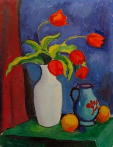 सफेद फूलदान में लाल ट्यूलिप द्वारा August Macke