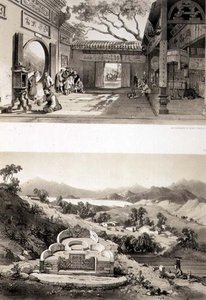 मकाओ में महान मंदिर का आंतरिक दृश्य और हांगकांग और काउलून की खाड़ी के बीच एक मकबरा और गांव, 'स्केच ऑफ चाइना' से प्लेट 8 और 7, यूजीन सिसेरी (1813-90) 1842 (रंगा हुआ लिथो) द्वारा उकेरा गया।