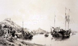 हाई टाइड पर मकाओ का तट, 'स्केच ऑफ चाइना' से प्लेट 12, यूजीन सिसेरी (1813-90) 1842 (रंगा हुआ लिथो) द्वारा उकेरा गया