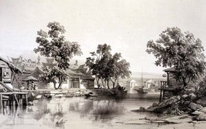 यूजीन सिसेरी (1813-90) 1842 (टिंटेड लिथो) द्वारा उकेरी गई 'स्केच ऑफ चाइना' से होनन का मंदिर और नहर, प्लेट 29