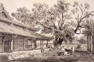 कैंटन के होनान उपनगरों में बुद्ध का मंदिर, 'स्केच ऑफ चाइना' से प्लेट 24, यूजीन सिसेरी (1813-90) 1842 (रंगा हुआ लिथो) द्वारा उकेरा गया