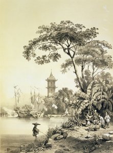मकाओ-कैंटन नहर पर एक पगोडा, &39;स्केचेस ऑफ चाइना&39; से प्लेट 21, यूजीन सेसर (1813-90) 1842 (रंगा हुआ लिथो) द्वारा उकेरा गया