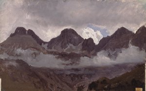 धुंध के साथ पर्वत, 1850 के मध्य में (कागज पर तेल कैनवास पर चढ़कर)