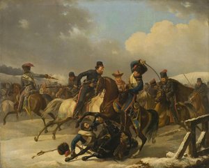 1812, 1827 में पीछे हटने वाले फ्रांसीसी सैनिकों का पीछा करने वाले कोसैक्स द्वारा अगस्टे जोसेफ डेसर्नोडी