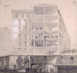पेरिस में XIth Arrondissement में श्रमिकों के आवास का क्रॉस-सेक्शन, c.1875 (कागज पर कलम और स्याही और गौचे) द्वारा अगस्टे विक्टर डेरॉय