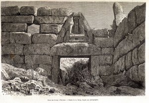 Mycenae में शेरों का गेट - ए। डेरॉय द्वारा ड्राइंग, "" राउंड द वर्ल्ड" में 1877 दूसरा सेमेस्टर द्वारा अगस्टे विक्टर डेरॉय
