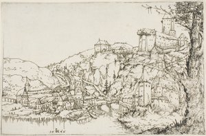 नदी, शहर और महल के साथ परिदृश्य द्वारा Augustin Hirschvogel