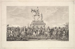 लुईस XV की प्रतिमा का उद्घाटन, पृष्ठ 1 पर विगनेट, विवरण डेस ट्रावे से ..., 1766। द्वारा ऑगस्टिन डी सेंट औबिन