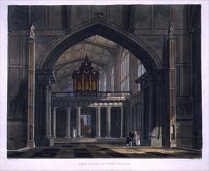 डेनियल हैवेल (1785-1826) पब द्वारा उकेरा गया 'हिस्ट्री ऑफ़ द कॉलेज' का हिस्सा, 'हिस्ट्री ऑफ़ ईटन कॉलेज' से ईटन कॉलेज का एंटे-चैपल। आर. एकरमैन द्वारा