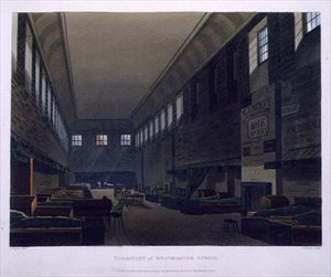 वेस्टमिंस्टर स्कूल का छात्रावास, 'हिस्ट्री ऑफ़ वेस्टमिंस्टर स्कूल' से, 'हिस्ट्री ऑफ़ द कॉलेजों' का हिस्सा, जे. ब्लक (fl.1791-1831) पब द्वारा उकेरा गया। आर. एकरमैन द्वारा