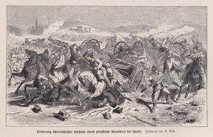 स्कालिट्ज, बोहेमिया, ऑस्ट्रो-प्रशिया युद्ध की लड़ाई में प्रशियाई घुड़सवार सेना द्वारा कब्जा की गई ऑस्ट्रियाई बंदूकें द्वारा ऑगस्टस जे। बेक