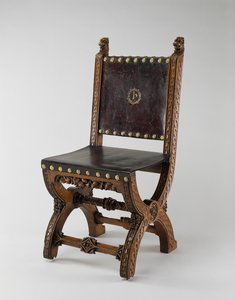 जॉन वेब द्वारा बनाया गया एक्स-फ्रेम चेयर, c.1847 (ओक, चमड़ा और पीतल)