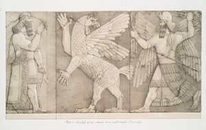 निम्रोड [कैलाह], 1853 में एक छोटे से मंदिर के प्रवेश द्वार पर बास-राहत