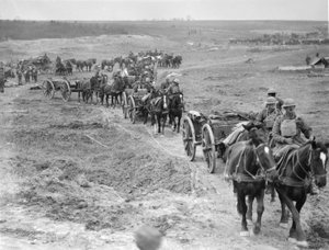 4 अक्टूबर 1918 को बेलिसकोर्ट के पास हिंडनबर्ग लाइन के माध्यम से बंदूकों से गोला-बारूद लाने वाली ऑस्ट्रेलियाई फील्ड आर्टिलरी की 6 वीं ब्रिगेड की सीमा द्वारा ऑस्ट्रेलियाई फोटोग्राफर