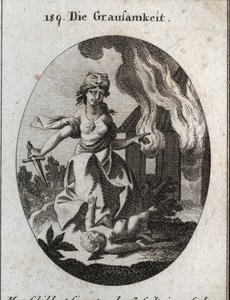 क्रूरता का रूपक। बाघ का सिर जिस पर वह छाया हुआ है और हृदय पर हीरा का अर्थ है हृदय की कठोरता। वह अपने पैर के नीचे एक बच्चे को कुचलती है और एक हाथ से खूनी खंजर रखती है और दूसरे को जलती हुई घर दिखाती है। "" Iconolo . में उत्कीर्णन द्वारा ऑस्ट्रियाई स्कूल