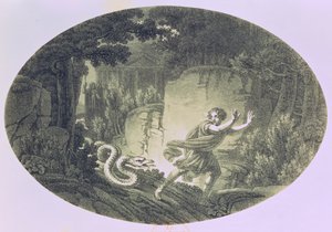 टैमिनो ने एक विशाल नागिन द्वारा पीछा किया, वुल्फगैंग अमाडेस मोजार्ट (1756-91) द्वारा &39;द मैजिक फ्लूट&39; से एक्ट आई सीन द्वारा ऑस्ट्रियाई स्कूल