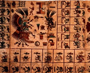 कैलेंडर के अनुरूप एज़्टेक देवताओं और बक्सों का प्रतिनिधित्व। एज़्टेक पांडुलिपि का पृष्ठ "कोडेक्स बोरबोनिकस" पर, मध्य मेक्सिको का प्रीकोलम्बियाई स्वदेशी कोडेक्स, 15 वीं शताब्दी के अंत में। नेशनल असेंबली की लाइब्रेरी (पैलिस बॉर्बन)। द्वारा एज़्टेक
