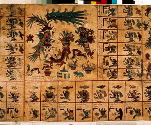कैलेंडर के अनुरूप एज़्टेक देवताओं और बक्सों का प्रतिनिधित्व। एज़्टेक पांडुलिपि का पृष्ठ "कोडेक्स बोरबोनिकस" पर, मध्य मेक्सिको का प्रीकोलम्बियाई स्वदेशी कोडेक्स, 15 वीं शताब्दी के अंत में। नेशनल असेंबली की लाइब्रेरी (पैलिस बॉर्बन)। द्वारा एज़्टेक
