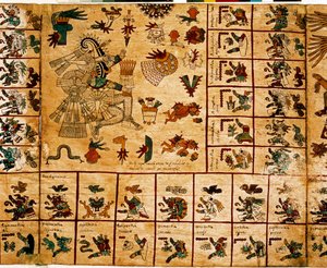 कैलेंडर के अनुरूप एज़्टेक देवताओं और बक्सों का प्रतिनिधित्व। एज़्टेक पांडुलिपि का पृष्ठ "कोडेक्स बोरबोनिकस" पर, मध्य मेक्सिको का प्रीकोलम्बियाई स्वदेशी कोडेक्स, 15 वीं शताब्दी के अंत में। नेशनल असेंबली की लाइब्रेरी (पैलिस बॉर्बन)। द्वारा एज़्टेक