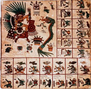 Quetzalcoatl और Tezcatlipoca, एज़्टेक देवताओं और कैलेंडर के अनुरूप बक्से का प्रतिनिधित्व। एज़्टेक पांडुलिपि का पृष्ठ "कोडेक्स बोरबोनिकस" पर, मध्य मेक्सिको का प्रीकोलम्बियाई स्वदेशी कोडेक्स, 15 वीं शताब्दी के अंत में। नेशनल असो की लाइब्रेरी