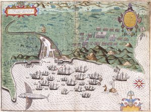 सैंटियागो के व्यू-प्लान, केप वर्डे द्वीप, 17 नवंबर, 1585 को c.1588-9 में स्पेनिश किले पर सर फ्रांसिस ड्रेक का हमला दिखा।