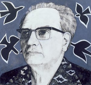 ओलिवियर मेसिएन का पोर्ट्रेट, द संडे टाइम्स, 1970 के दशक का चित्रण (बोर्ड पर गौचे)