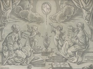 एक थीसिस का रूपक, दो महिलाएं खुदी हुई गोलियाँ, 1640 रखती हैं।