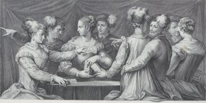सुरुचिपूर्ण ढंग से कपड़े पहने लोगों का एक समूह ताश खेल रहा है, 1740-68