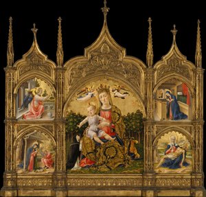 द मैडोना ऑफ़ नम्रता, उद्घोषणा, स्वाभाविकता और Pietà, c.1465 (स्वभाव और लकड़ी के लिए सोना) द्वारा बार्टोलोमो विवारिनी