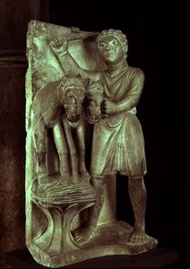 थ्रेसिंग व्हीट: जुलाई महीने के मजदूरों के एक प्रतिमा कैलेंडर से, c.1200 (पत्थर)