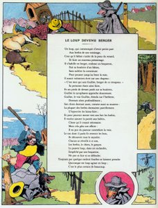 वुल्फ टर्न्ड शेफर्ड, जीन डे ला फोंटेन द्वारा 'दंतकथाओं' से चित्रण illustration