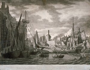 23 जुलाई, 1794 की आग के बाद के खंडहरों को दिखाते हुए रैटक्लिफ क्षेत्र, लंदन का दृश्य द्वारा बेंजामिन बर्नेल