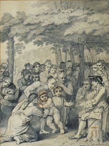 नवंबर 1764 में उत्तरी अमेरिका के मस्किंगम, C.1769 (स्याही और कागज पर धोना) के लोगों को अपने शिविर के पास कर्नल बाउट के पास अंग्रेजी कैप्टिव देने के लिए। द्वारा बेंजामिन पश्चिम