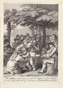 नवंबर 1764 में उत्तरी अमेरिका के मस्किंगम के फोर्क्स में अपने शिविर के पास कर्नल बाउक को अंग्रेजी कैप्टिव देने द्वारा बेंजामिन पश्चिम