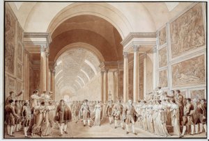 बेंजामिन ज़िक्स (1772-1811) 1810 डिम द्वारा ग्रांड गैलेरी डु लौवर प्रिंट्स में हैब्सबर्ग-लोरेन (1791-1847) के आर्कड्यूचेस मैरी लुईस के साथ नेपोलियन I (1769-1821) की दुल्हन की टुकड़ी का दृश्य। 0,4x0,6 मीटर पेरिस, म्यूसी डू लौवर द्वारा बेंजामिन जिक्स