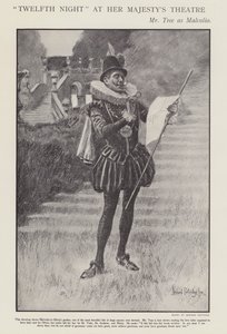 शेक्सपियर के ट्वेल्थ नाइट एट हर मेजेस्टीज़ थिएटर, लंदन (लिथो) के निर्माण में मालवोलियो के रूप में हर्बर्ट बीरबोहम ट्री