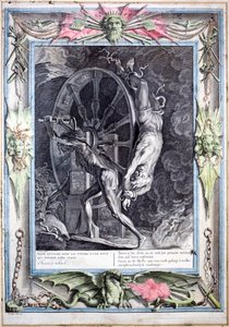 Ixion अनन्त रूप से घूमने वाले उग्र चक्र (रंगीन उत्कीर्णन) से बंधा हुआ है द्वारा बर्नार्ड (बाद) पिकार्ट