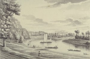 1731-33 की दूरी पर हैम्पटन कोर्ट फेरी और हैम्पटन चर्च का एक पश्चिम दृश्य, (कागज़ पर काली स्याही और धोना) द्वारा बर्नार्ड III लेंस
