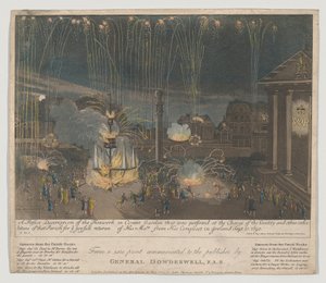 कोवेन्ट गार्डन में आतिशबाजी, 1809 (नक़्क़ाशी और एक्वाटिंट, हाथ का रंग) द्वारा बर्नार्ड II लेंस