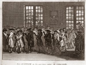 बर्नार्ड पिकार्ट (1723-1743) 1819 निजी संग्रह द्वारा "दुनिया के सभी लोगों के धार्मिक समारोहों और रीति-रिवाजों का चित्रण" से उत्कीर्ण एक अंतिम संस्कार में "" अकाफोथ "" प्रदर्शन करने वाले यहूदी शोक करने वालों की एक मण्डली द्वारा बर्नार्ड पिकार्ट