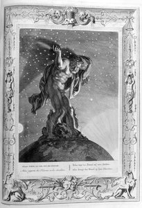 एटलस अपने कंधों पर स्वर्ग का समर्थन करता है, 1733 द्वारा बर्नार्ड पिकार्ट