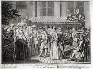 यहूदी जर्मन समुदाय में यहूदी विवाह बर्नार्ड पिकार्ट (1723-1743) 1819 निजी संग्रह द्वारा "" इलस्ट्रेशन डे सेरेमनी एट कस्टम्स धार्मिकस डे लेस पीपल डू मोंडे" से उत्कीर्णन द्वारा बर्नार्ड पिकार्ट