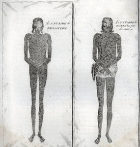 बर्नार्ड पिकार्ट (1723-1743) 1819 द्वारा "दुनिया के सभी लोगों के धार्मिक समारोहों और रीति-रिवाजों का चित्रण" से उत्कीर्णन से बेसनकॉन के कफन और ट्यूरिन के कफन का प्रतिनिधित्व (1723-1743) 1819 निजी संग्रह द्वारा बर्नार्ड पिकार्ट
